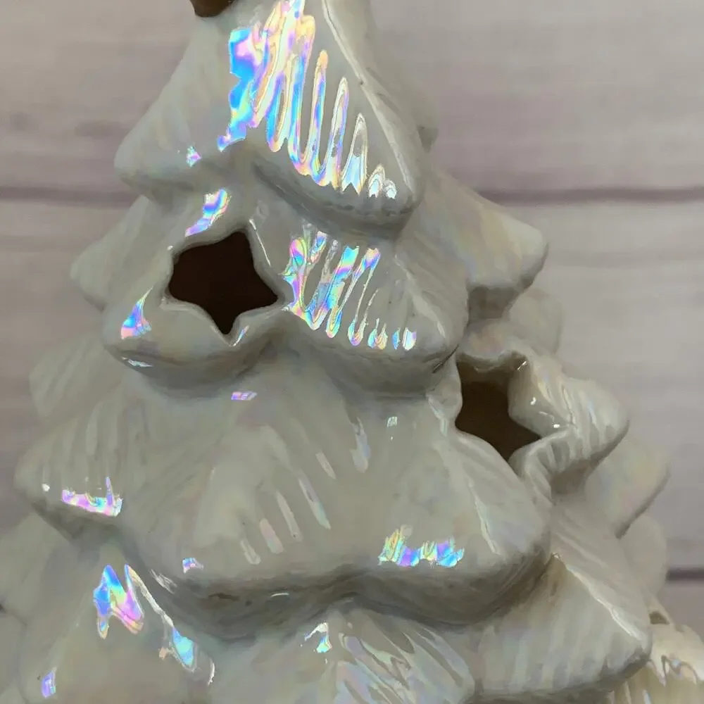 Vintage American Greetings White Iridescent Ceramic Christmas Tree Candle Holder